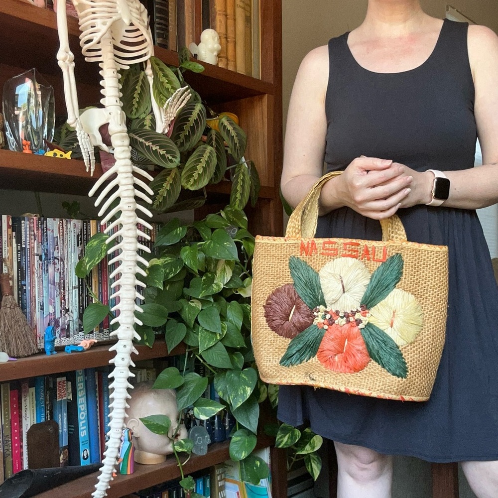 Vintage straw bag with floral design Nassau - Picture 2 of 12